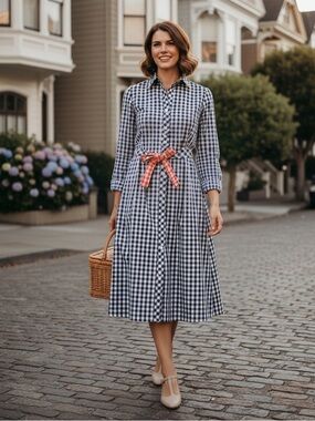 Vintage I. Magnin & Co. Gingham Farmhouse Style Shirt Dress | Midi | Fits M